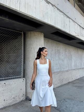 İdil Kare Yaka Kalın Askılı Midi Elbise 2248 BEYAZ