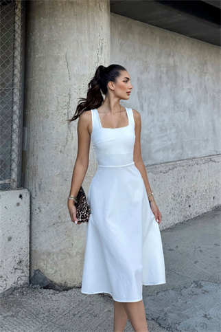 İdil Kare Yaka Kalın Askılı Midi Elbise 2248 BEYAZ