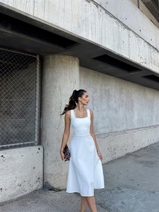 İdil Kare Yaka Kalın Askılı Midi Elbise 2248 BEYAZ