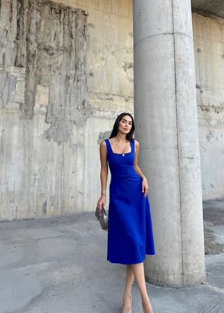 İdil Kare Yaka Kalın Askılı Midi Elbise 2248 SAKS MAVİ