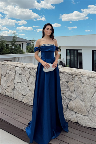 İlsu Kayık Yaka Taş İşleme Saten Abiye 1208