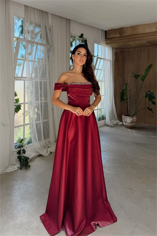 İlsu Kayık Yaka Taş İşleme Saten Abiye 1208