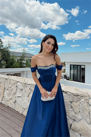 İlsu Kayık Yaka Taş İşleme Saten Abiye 1208