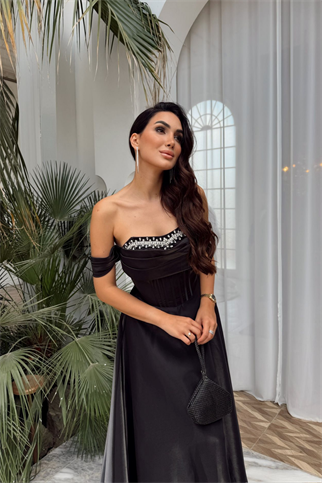 İlsu Kayık Yaka Taş İşleme Saten Abiye 1208
