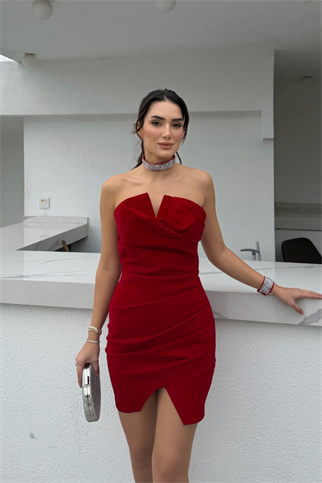 India Straplez Yaka Mini Elbise 9337 KIRMIZI