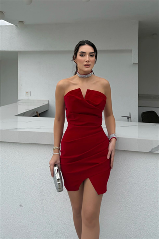 India Straplez Yaka Mini Elbise 9337 KIRMIZI