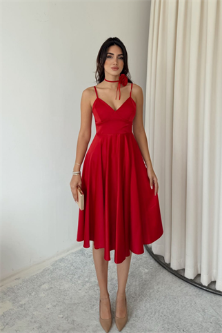 İp Askılı Çiçek Detay Midi Boy Elbise 9353