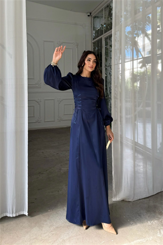 Irmak Yan Bağlama Detay Uzun Abiye 9360 LACİVERT