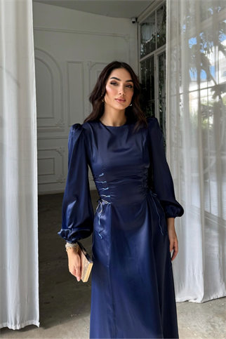 Irmak Yan Bağlama Detay Uzun Abiye 9360 LACİVERT