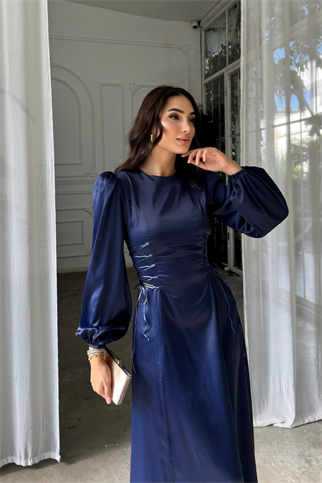 Irmak Yan Bağlama Detay Uzun Abiye 9360 LACİVERT