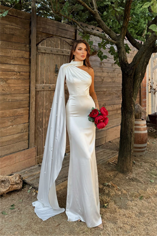 Işık Kuyruk Detay Boncuklu Tasarım Abiye 1099  BEYAZ