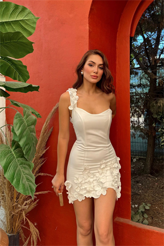 Jaya Tek Kol Tasarım Çiçekli Mini Elbise 4609 BEYAZ