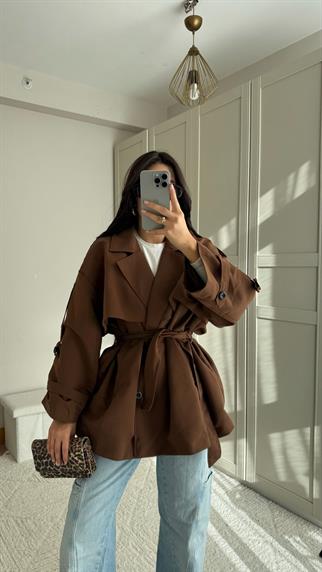 Jena Oversize Kuşaklı Düğmeli Trençkot 2635 ACI KAHVE