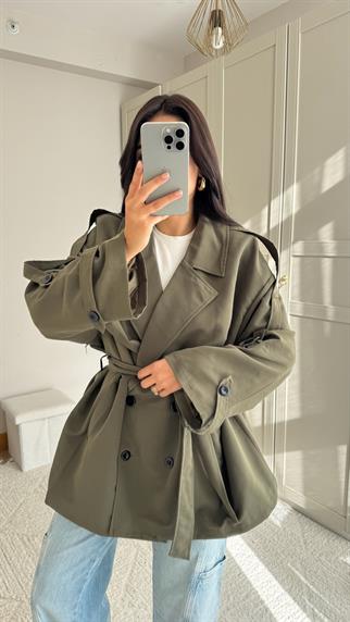 Jena Oversize Kuşaklı Düğmeli Trençkot 2635 HAKİ