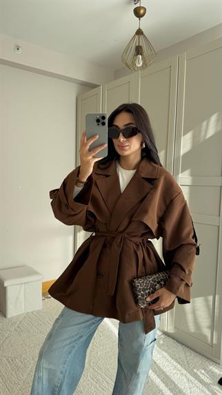 Jena Oversize Kuşaklı Düğmeli Trençkot 2635 ACI KAHVE