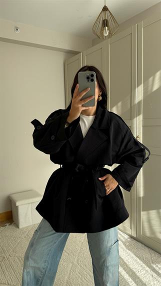 Jena Oversize Kuşaklı Düğmeli Trençkot 2635 SİYAH
