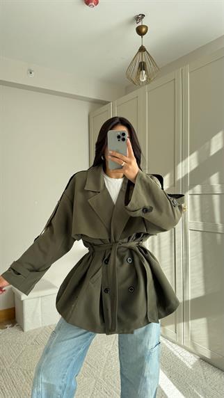 Jena Oversize Kuşaklı Düğmeli Trençkot 2635 HAKİ