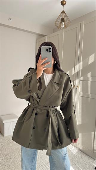 Jena Oversize Kuşaklı Düğmeli Trençkot 2635 HAKİ