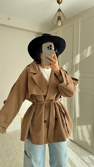 Jena Oversize Kuşaklı Düğmeli Trençkot 2635 CAMEL