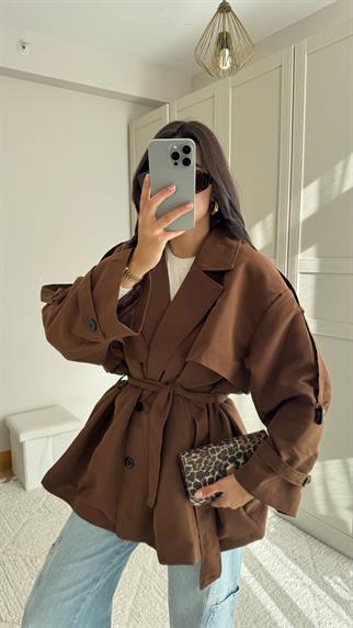 Jena Oversize Kuşaklı Düğmeli Trençkot 2635 ACI KAHVE