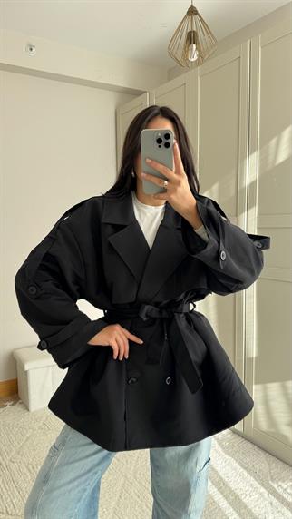Jena Oversize Kuşaklı Düğmeli Trençkot 2635 SİYAH
