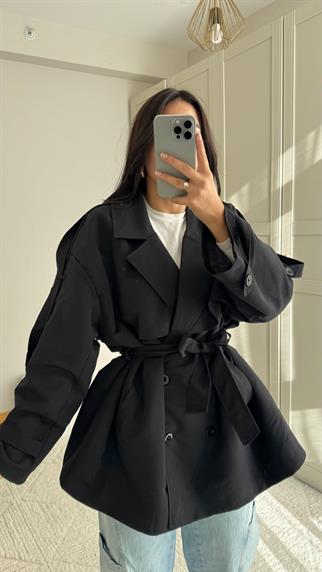 Jena Oversize Kuşaklı Düğmeli Trençkot 2635 SİYAH