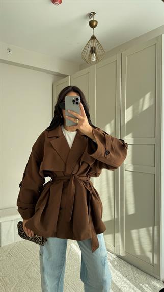 Jena Oversize Kuşaklı Düğmeli Trençkot 2635 ACI KAHVE