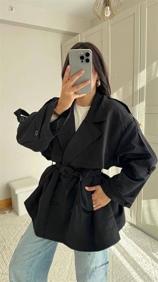 Jena Oversize Kuşaklı Düğmeli Trençkot 2635 SİYAH