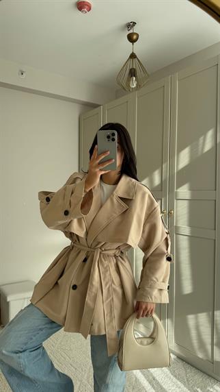 Jena Oversize Kuşaklı Düğmeli Trençkot 2635 BEJ