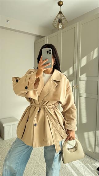 Jena Oversize Kuşaklı Düğmeli Trençkot 2635 BEJ