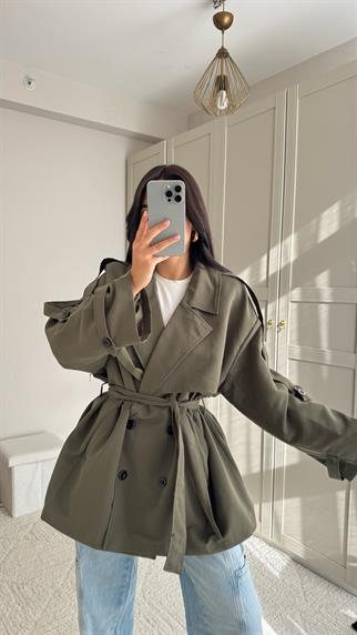 Jena Oversize Kuşaklı Düğmeli Trençkot 2635 HAKİ