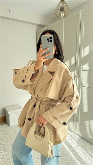 Jena Oversize Kuşaklı Düğmeli Trençkot 2635 BEJ