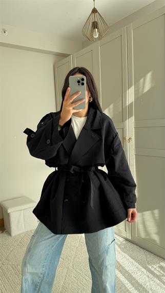 Jena Oversize Kuşaklı Düğmeli Trençkot 2635 SİYAH