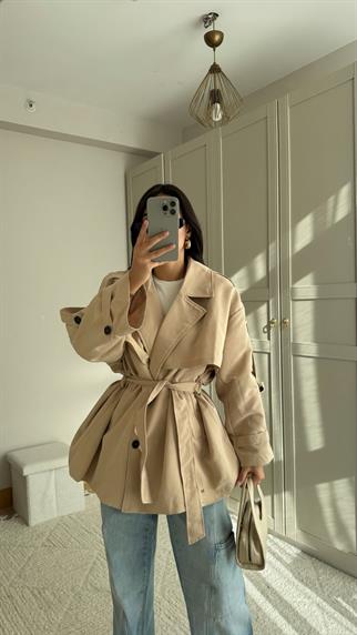 Jena Oversize Kuşaklı Düğmeli Trençkot 2635 BEJ