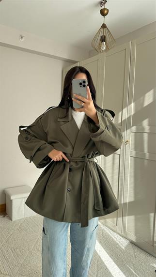 Jena Oversize Kuşaklı Düğmeli Trençkot 2635 HAKİ