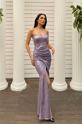 Jules Straplez Yırtmaçlı Payet Abiye 583164 LİLA
