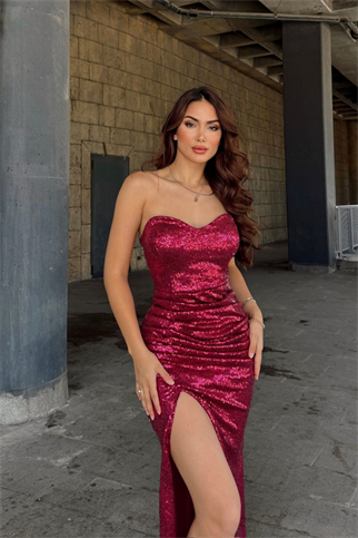 Jules Straplez Yırtmaçlı Payet Abiye 583164 FUŞYA