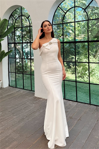 Junie Fiyonk Detay Tek Omuz Abiye 4701 BEYAZ