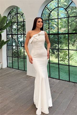 Junie Fiyonk Detay Tek Omuz Abiye 4701 BEYAZ