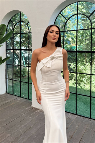 Junie Fiyonk Detay Tek Omuz Abiye 4701 BEYAZ