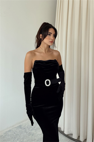 Kadife Kol Detay Straplez Kemerli Midi Elbise 9334