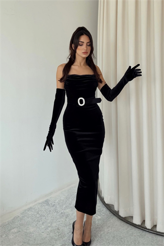 Kadife Kol Detay Straplez Kemerli Midi Elbise 9334