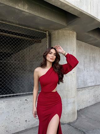Kaira Tek Omuz Simli Abiye 583067 KIRMIZI