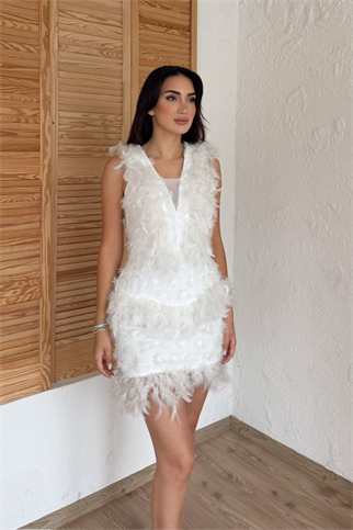 Kalın Askılı Derin V Kuş Tüyü Mini Elbise 9347