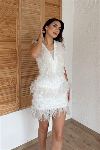 Kalın Askılı Derin V Kuş Tüyü Mini Elbise 9347