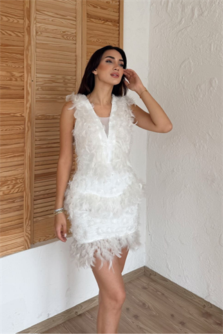Kalın Askılı Derin V Kuş Tüyü Mini Elbise 9347