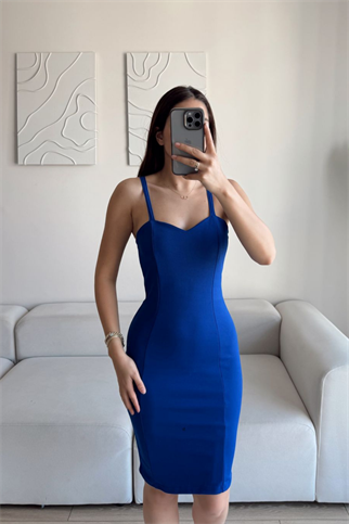 Kalın Askılı Kalem Elbise 581812 SAKS MAVİSİ E10X