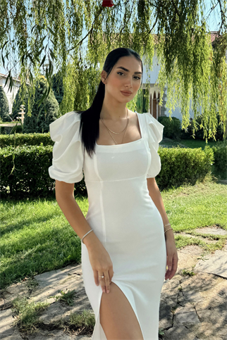 Kare Yaka Kol Pileli Elbise BEYAZ J3X