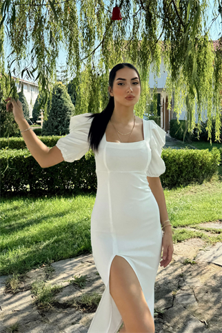 Kare Yaka Kol Pileli Elbise BEYAZ J3X