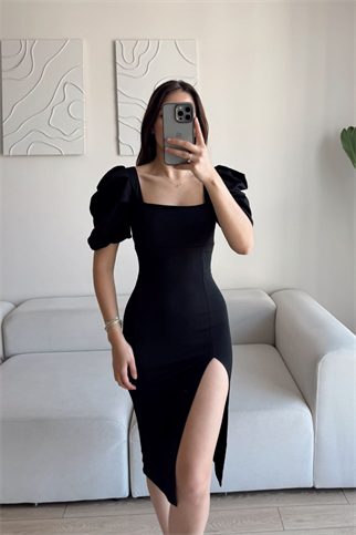 Kare Yaka Kol Pileli Elbise SİYAH J3X